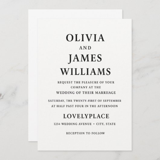 Einfache klassische Schwarz-Weiß-Hochzeit Einladung (Vorne/Hinten)