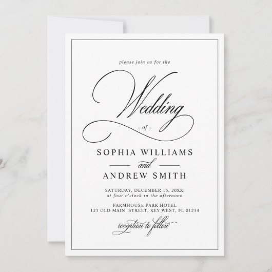 Einfache klassische Schwarz-Weiß-Hochzeit Einladung (Vorderseite)