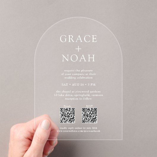 Einfache klassische Typografie QR UAWG Wedding Arc Acryleinladungen (Insitu (Handheld))