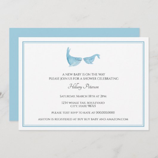 Einfache klassische Watercolor Whale Blue Babydusc Einladung (Vorne/Hinten)