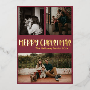 Einfache Klassische Weihnachts Rot Drei Foto Gold Folien Feiertagskarte