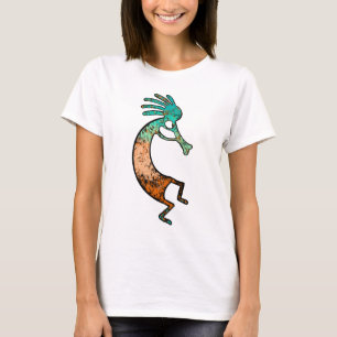 Einfache Kokopelli zeichnend in Orange und Blau T-Shirt