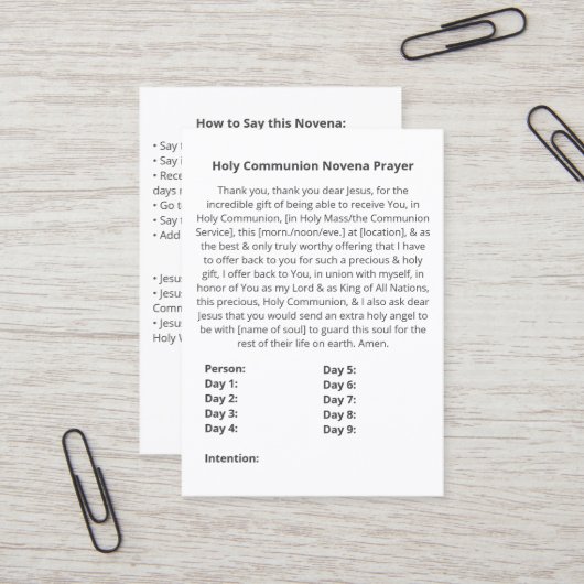 Einfache Kommunion Novena Gebetskarte Visitenkarte (Vorderseite/Rückseite Beispiel)