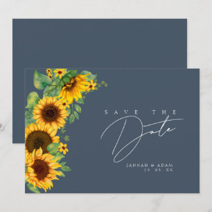 Einfache königsblaue Sonnenblumen-Hochzeits-Einlad Save The Date