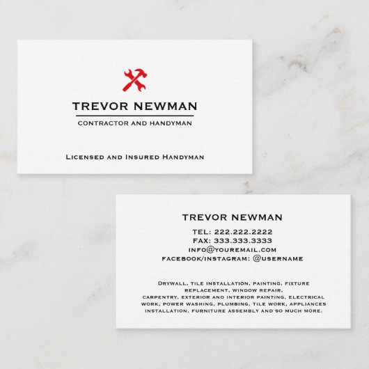 Einfache Konstruktion Handyman Carpenter RED Tools Visitenkarte (Vorne/Hinten)