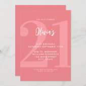 Einfache Korallenrosa Moderne 21. Geburtstag Einladung (Vorne/Hinten)