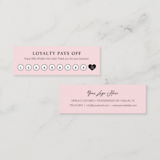 Einfache Kundenvergünstigung Rosa mit Herz Treuekarte (Vorne/Hinten)