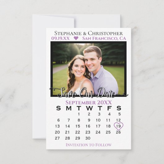 Einfache Lavendel & White Kalender & Foto Hochzeit Save The Date (Vorderseite)