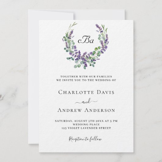 Einfache lavender violette florale Luxushochzeit Einladung (Vorderseite)