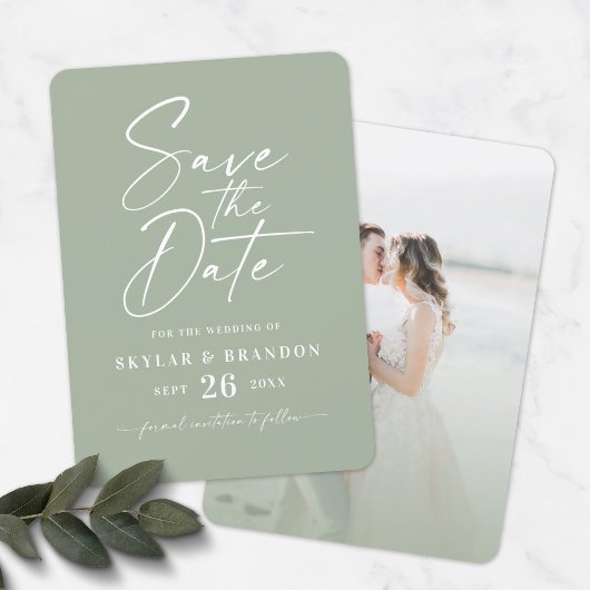 Einfache Leaf Green mit Script und Foto Hochzeit Save The Date