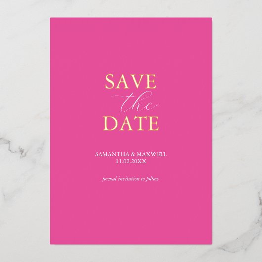Einfache, lebendige Rosa Save the Date Hochzeit Folieneinladung (Vorderseite)