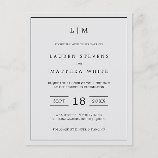 Einfache leichte, graue Monogramm Budget Hochzeit  (Vorderseite)