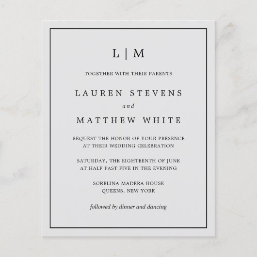 Einfache leichte, graue Monogramm Budget Hochzeit  (Vorderseite)