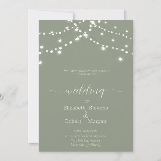 Einfache Lichterkette Hochzeit Sagegrün Einladung (Vorderseite)