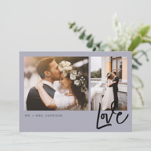 Einfache Liebe Script 2 Fotos Hochzeit Dankeskarte (Stehend Vorderseite)