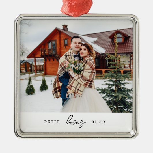 Einfache Liebe Script Personalisiert Couple Foto Ornament Aus Metall (Vorne)