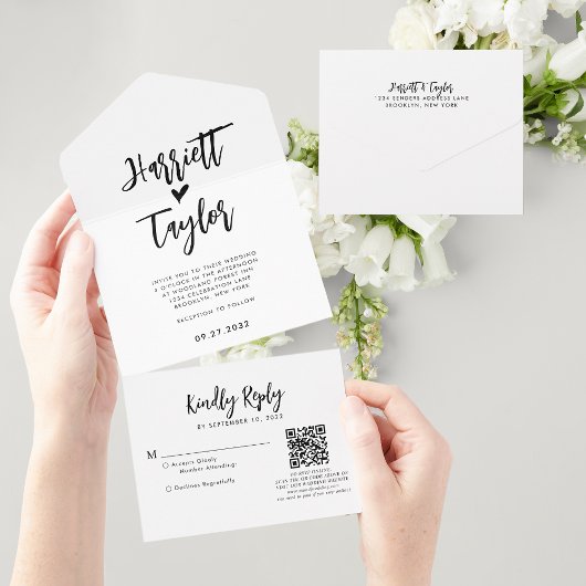 Einfache liebliche Herzschrift Hochzeit QR Code UA All In One Einladung