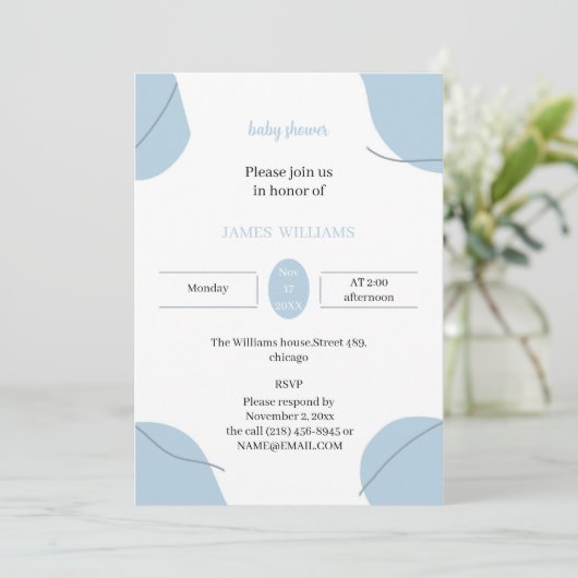 Einfache Light Blue Custom Baby Dusche Einladung (Stehend Vorderseite)