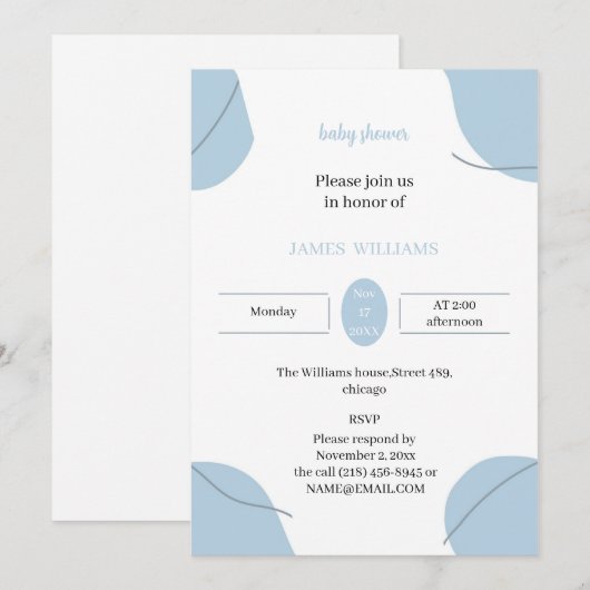 Einfache Light Blue Custom Baby Dusche Einladung (Vorne/Hinten)