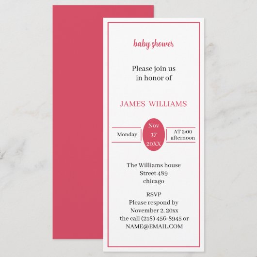 Einfache Light Red Baby Dusche nach Maß Einladung (Vorne/Hinten)