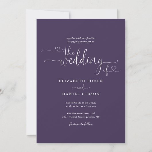 Einfache Lila Hearts Skript-Foto Hochzeit Einladung (Vorderseite)