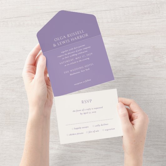 Einfache Lila Hochzeit All In One Einladung (Abreißen)