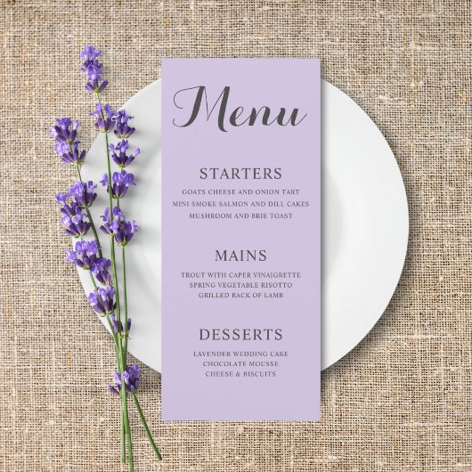 Einfache Lila Hochzeit Menükarte