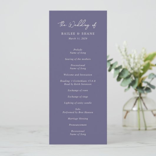 Einfache Lila Hochzeit Programm (Stehend Vorderseite)