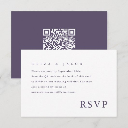 Einfache Lila Hochzeit RSVP QR Code Karte (Vorne/Hinten)