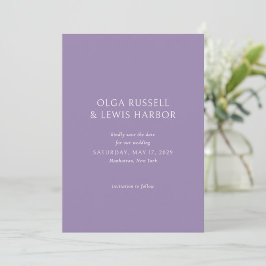 Einfache Lila Hochzeit Save The Date (Stehend Vorderseite)