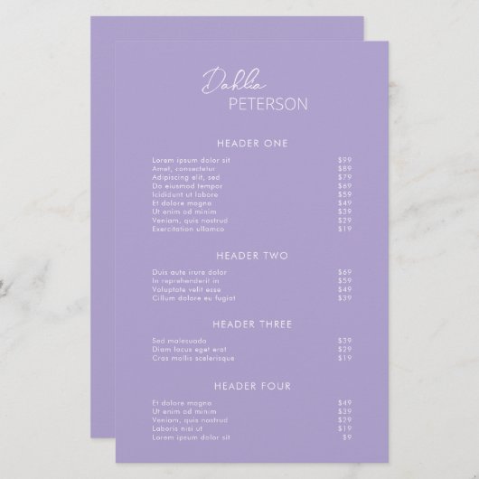 Einfache Lila, moderne Preisliste (Vorne/Hinten)