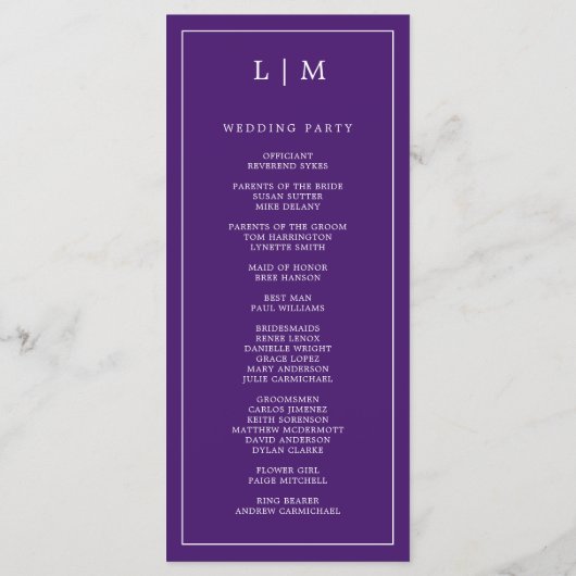 Einfache Lila Monogram Elegante Hochzeit Programm (Rückseite)