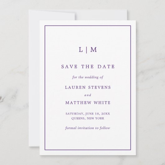 Einfache Lila Monogram Elegante Hochzeit Save The Date (Vorderseite)