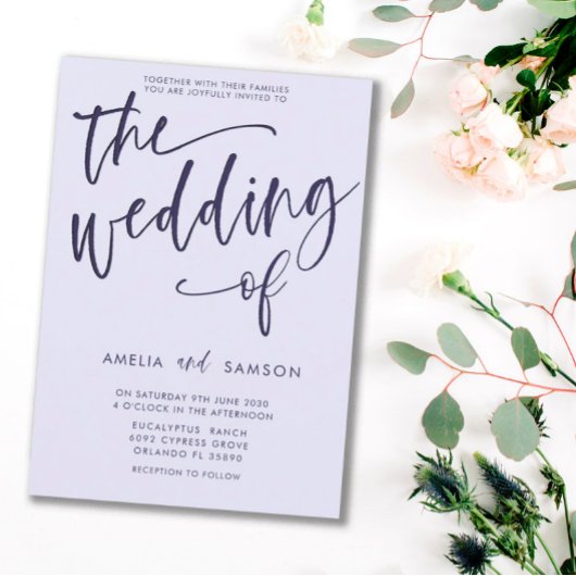 Einfache Lilac- und Lila Kalligrafie-Hochzeit Einladung