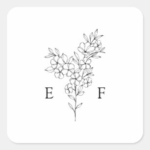 Einfache Line Cherry Blossom Wreath Monogram Weddi Quadratischer Aufkleber