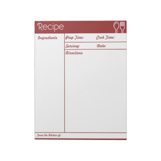 Einfache, linenlose Red Recipe Seite Notizblock (Rotiert)