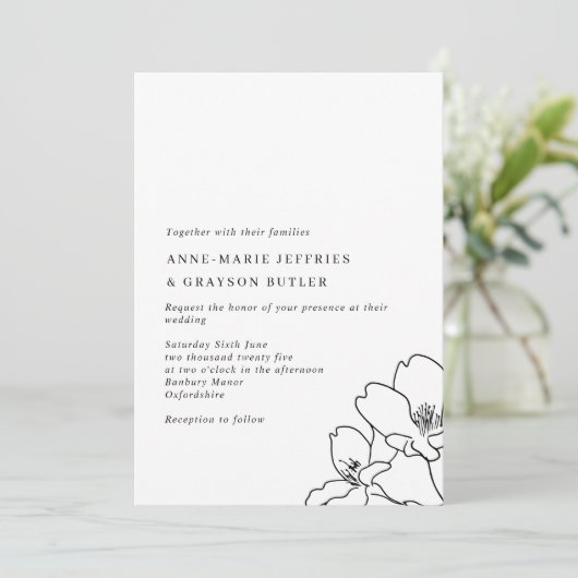 Einfache Linie Gezeichnet Schwarz-Weiß-Blume Hochz Einladung (Stehend Vorderseite)
