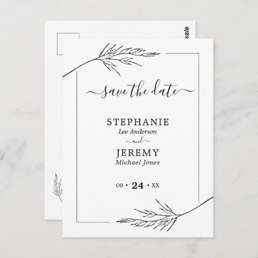 Einfache Linie Schwarz/Weiß Save the Date Postkarte (Vorne/Hinten)