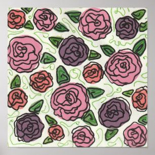 Einfache Linie Zeichnend Rote und Lila Rose Poster