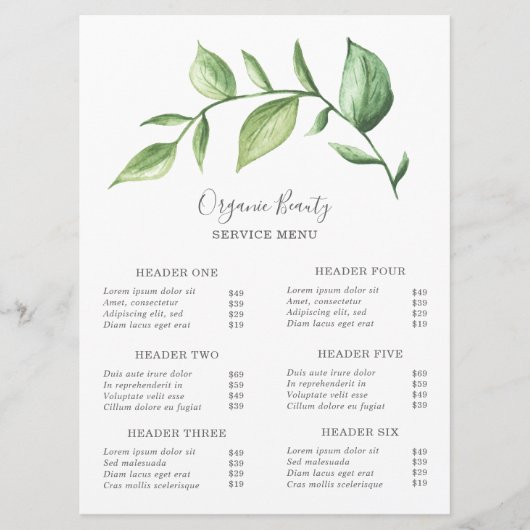 Einfache Liste der Beauty Salon Preise für Grünpfl (Vorderseite)