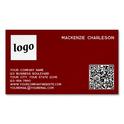 Einfache Logos und QR-Code Burgundy Red Magnetische Visitenkarte (Vorderseite)