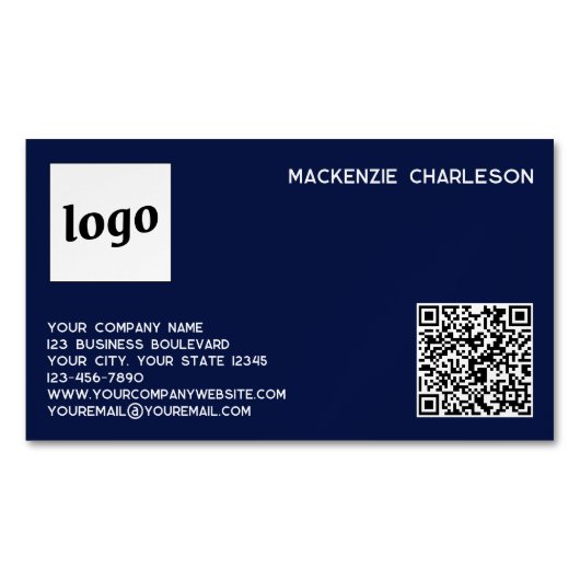 Einfache Logos und QR-Code Navy Blue Magnetische Visitenkarte (Vorderseite)