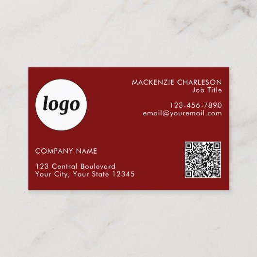 Einfache Logos und Text QR Code Burgundy Red Visitenkarte (Vorderseite)