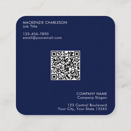 Einfache Logos und Text QR Code Navy Blue Quadratische Visitenkarte (Rückseite)