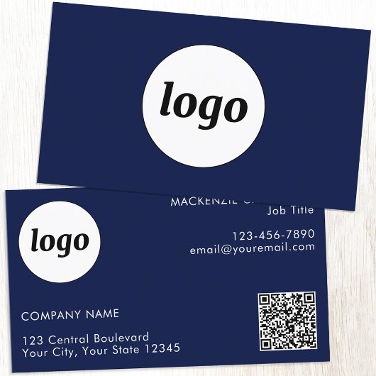 Einfache Logos und Text QR Code Navy Blue Visitenkarte