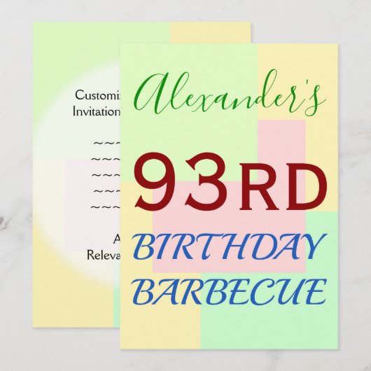 Einfache, lustige "93. BIRTHDAY BARBECUE" Einladun Einladung (Vorne/Hinten)