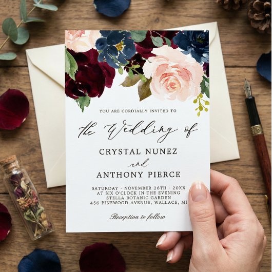 Einfache Luxuriöse Hochzeit der Burgundy Navy Einladung