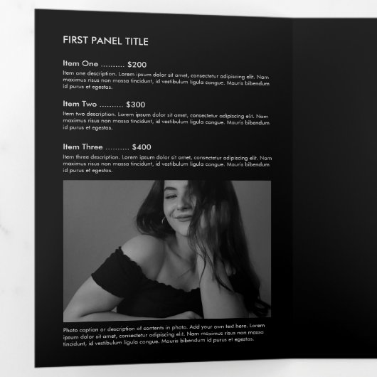 Einfache Luxus Schwarz & Weiß Minimal Boutique Dreifach Gefaltete Karte (Innen Erste Seite)