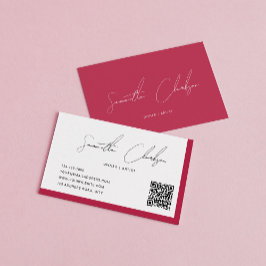 Einfache Magenta Hot Pink Handgeschriebener QR-Cod Visitenkarte
