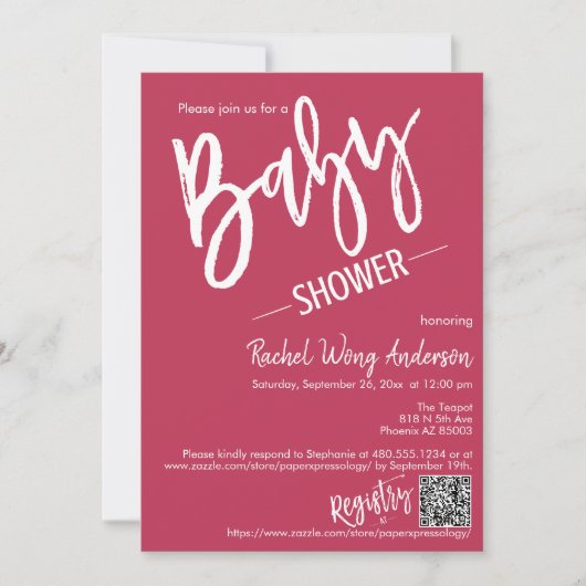 Einfache Magenta Minimal Script Baby Dusche QR Cod Einladung (Vorderseite)